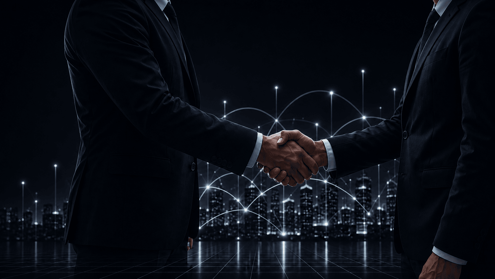 Two brokers shaking hands over a connected city network